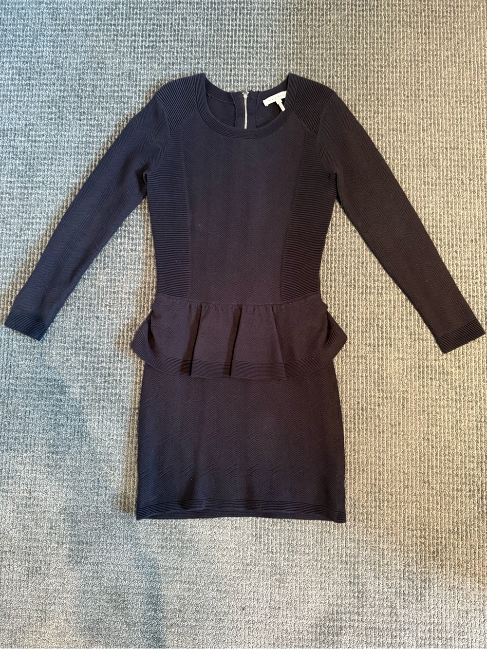 Sandro Navy Peplum Long Sleeve Knit Dress